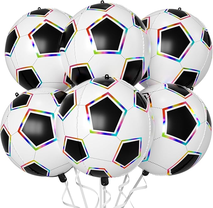 6 Pcs Soccer Balloons, 22 Inch Large Soccer Foil Balloon, 4D Colorful