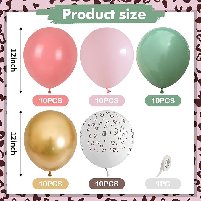Pink and Green Balloons, Jungle Safari Balloon 12 Inch Leopard