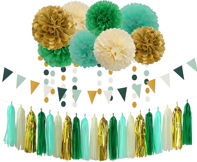 Sage-Green Beige-Gold Baby Bridal-Shower Decorations - 30pcs Rustic