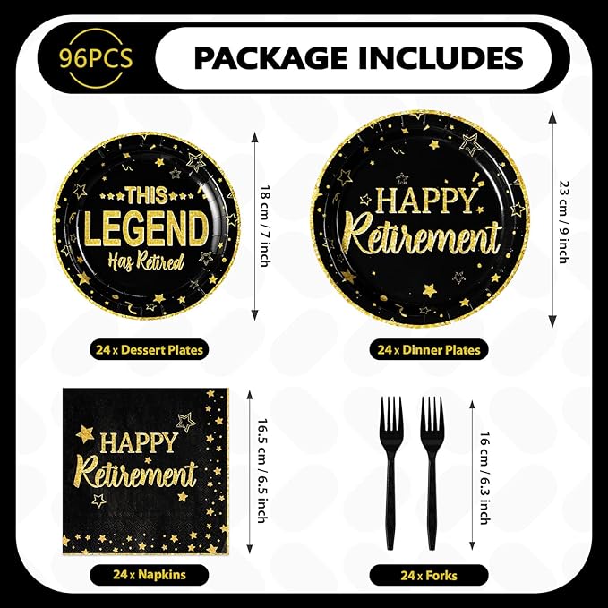 96 Pcs Retirement Party Plates Black and Gold Happy Retirement Party