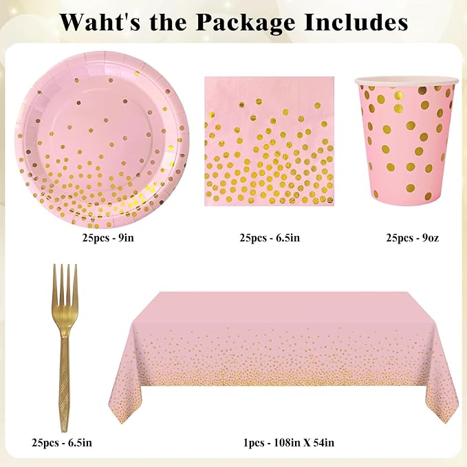 Pink and Gold Party Supplies Includes 9" Paper Plates and Napkins