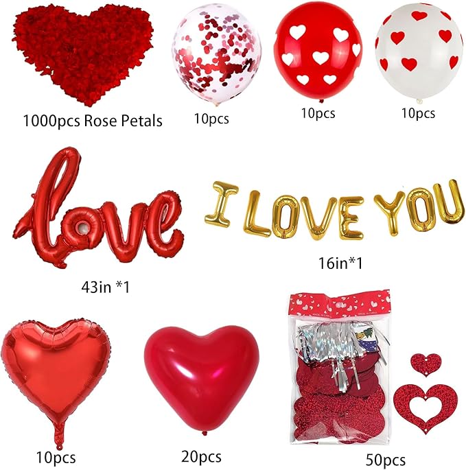 1060PCS Valentine's Day Balloons Kit with 1000 Pcs Silk Rose Petals