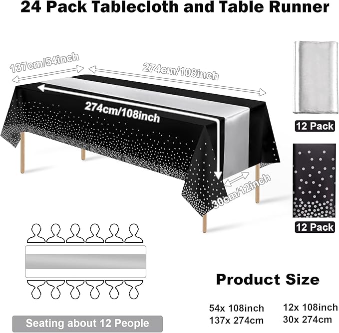24Pack Disposable Plastic Tablecloths and Satin Table Runner Set Black