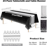 24Pack Disposable Plastic Tablecloths and Satin Table Runner Set Black