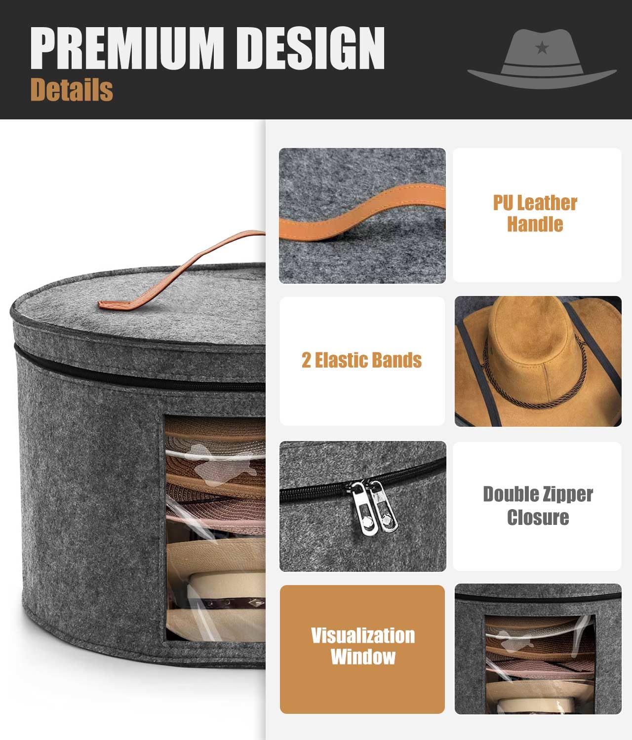 PANGTON Hat Box, Travel Hat Storage Box, Foldable Space-saving Hats