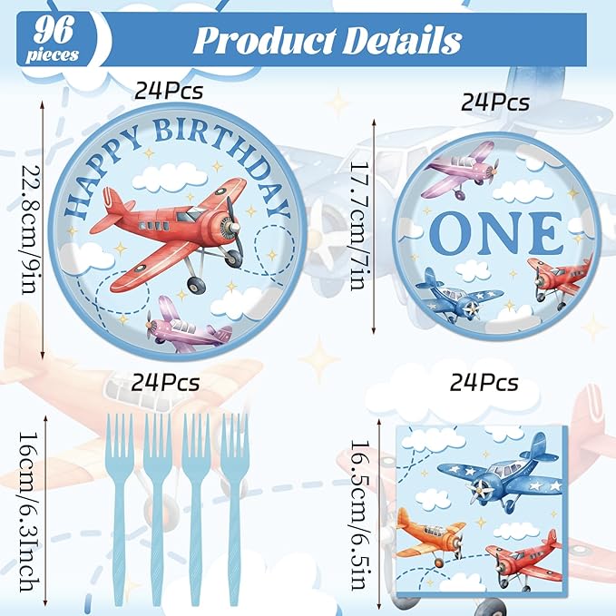 Airplane 1st Birthday Party Decorations 96PCS Time Flis Disposable