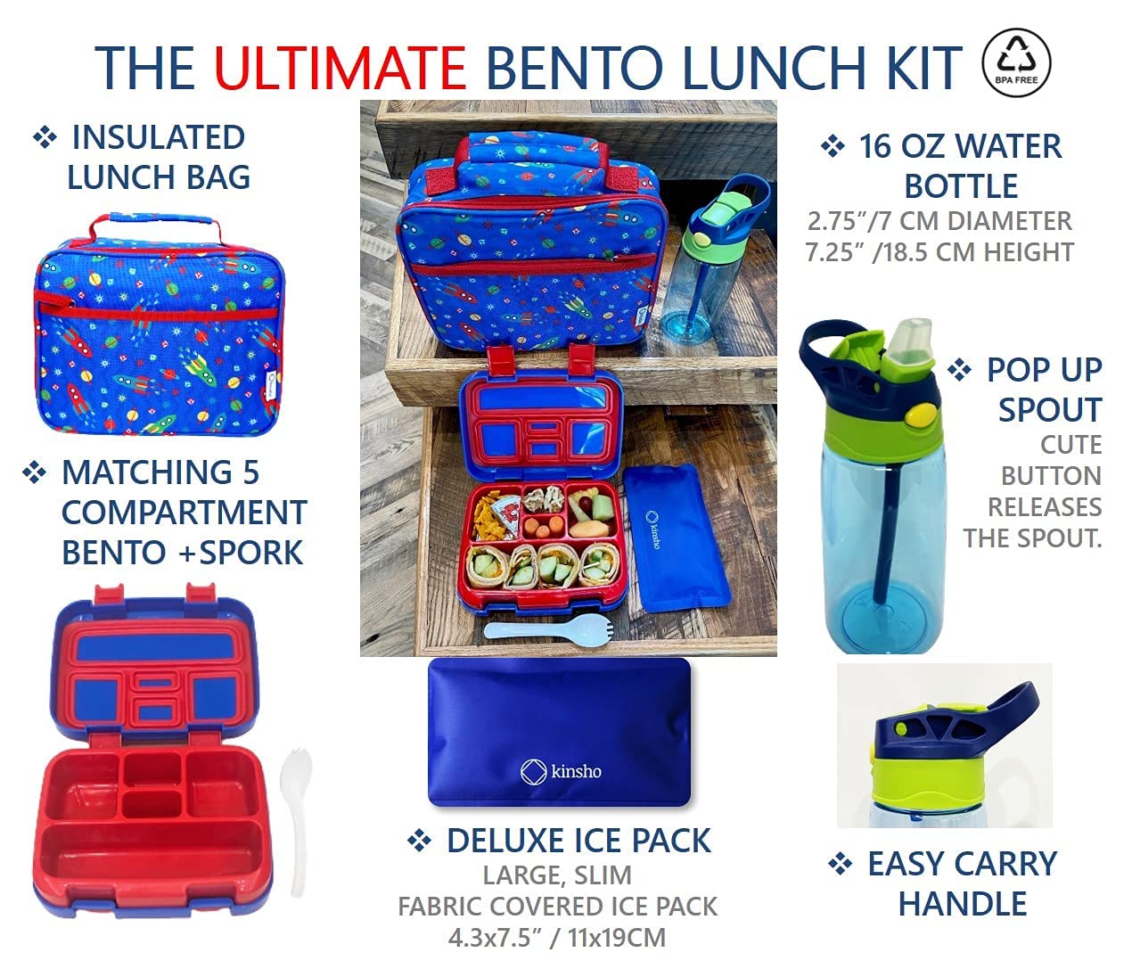 kinsho Bento Lunch Box, Water Bottle, Ice Pack Set For Kids Toddlers,