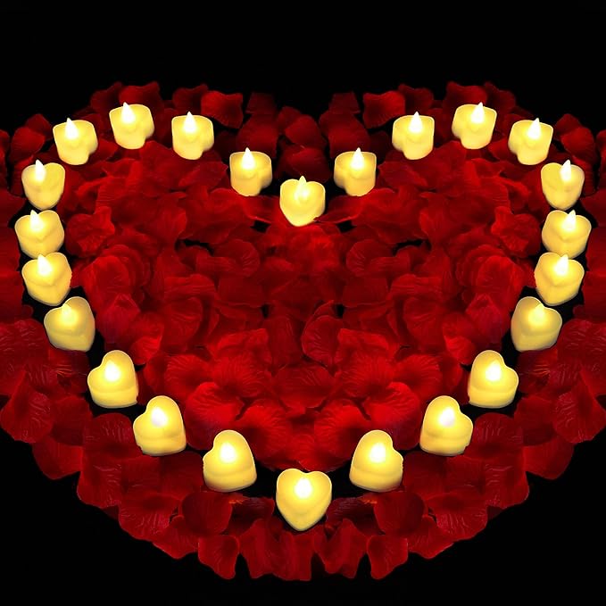Valentines Decorations Red Rose Petals and Candles Set 1000 Pcs Fake