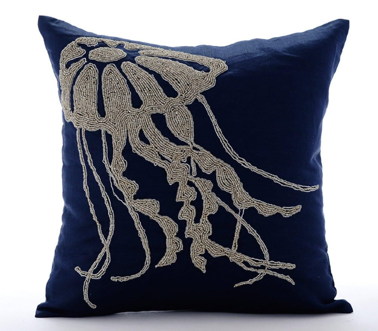 The HomeCentric Navy Blue Throw Pillow Cover Beaded Jelly Fish Sea