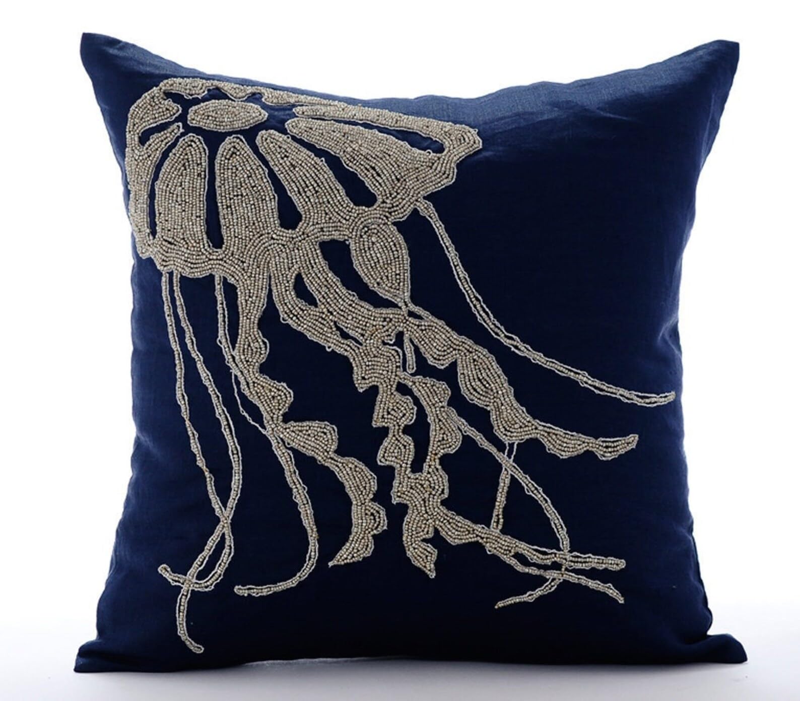The HomeCentric Navy Blue Throw Pillow Cover Beaded Jelly Fish Sea