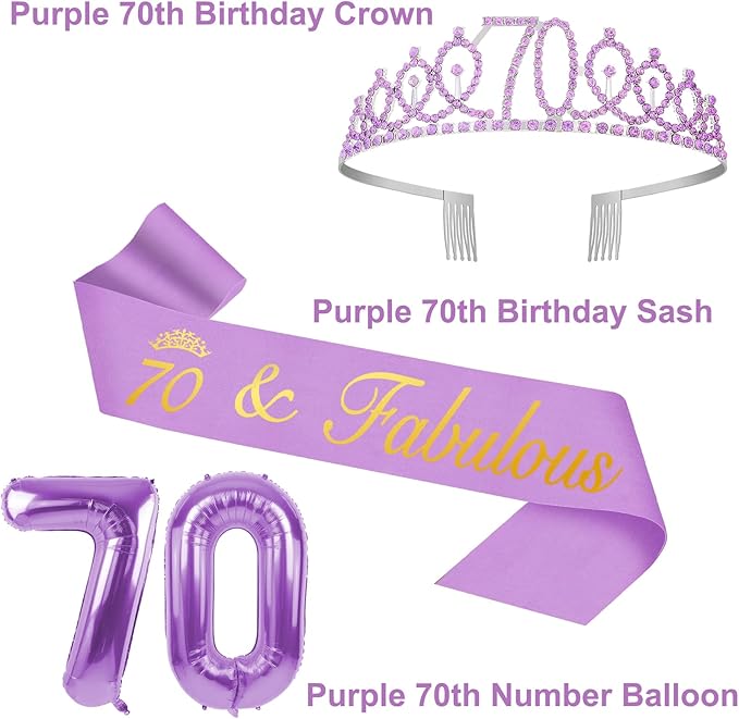 70th Birthday Decorations for Women Purple with 70th Birthday Sash