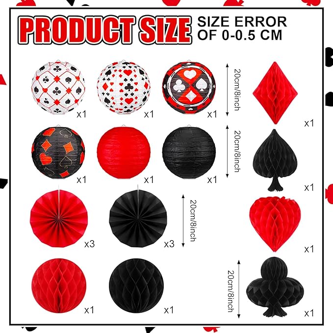 18 Pcs Casino Party Decoration 3D Poker Hanging Paper Lantern Red