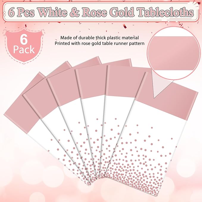 6Pcs White and Rose Gold Tablecloth Party Decorations,Plastic White