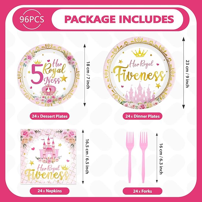 96Pcs Princess Birthday Decorations Pink Princess 5th Birthday Party