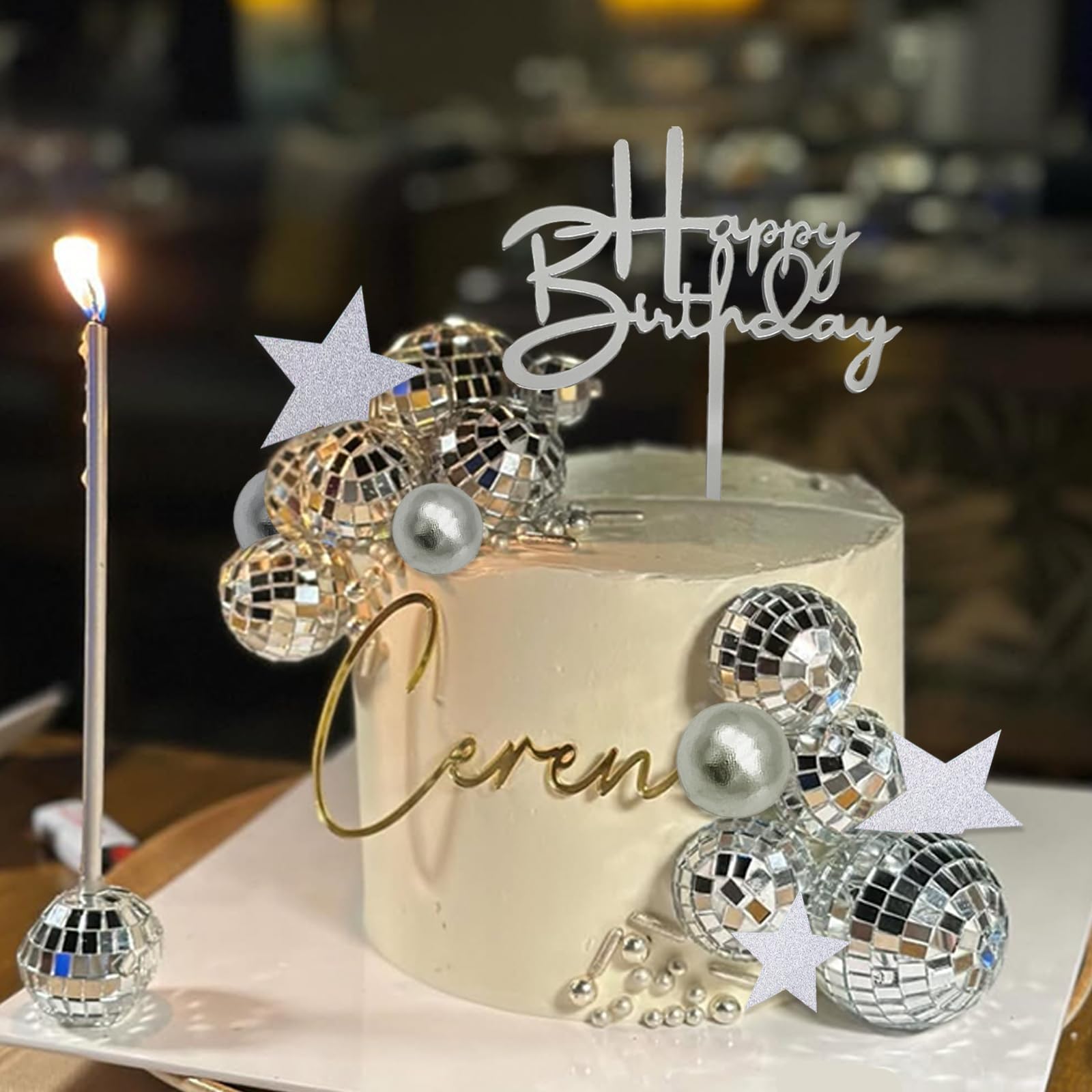 40Pcs Disco Ball Cake Toppers Silver Balls Cake Decorations with
