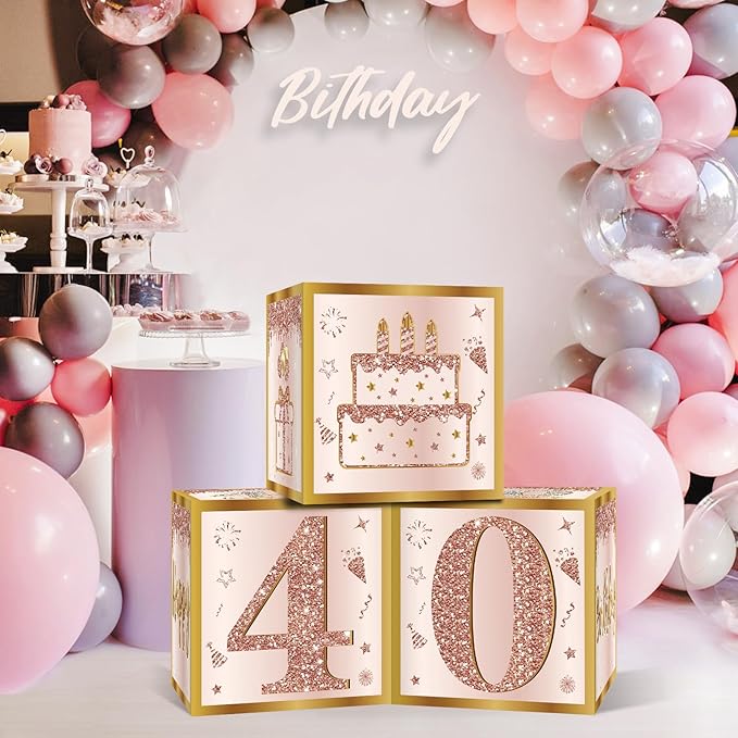 3Pcs 40th Birthday Decorations Boxes for Women Pink Rose Gold 40th