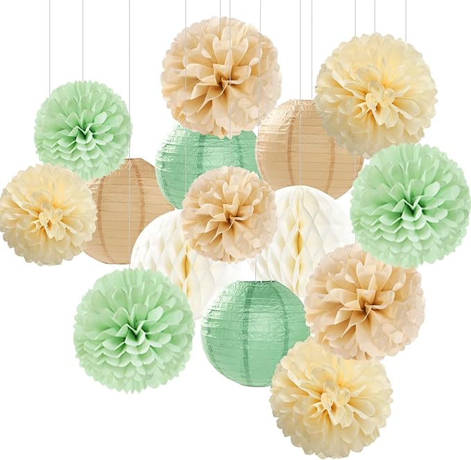 Sage Green Boho Party Decorations Paper Flowers Lanterns