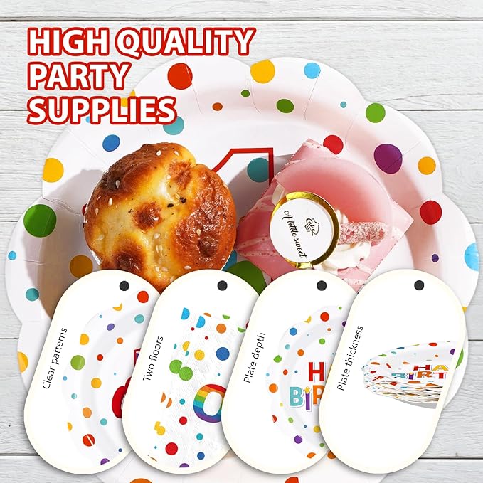 96Pcs Happy 1st Birthday Party Supplies Colorful Polka Dots 1st