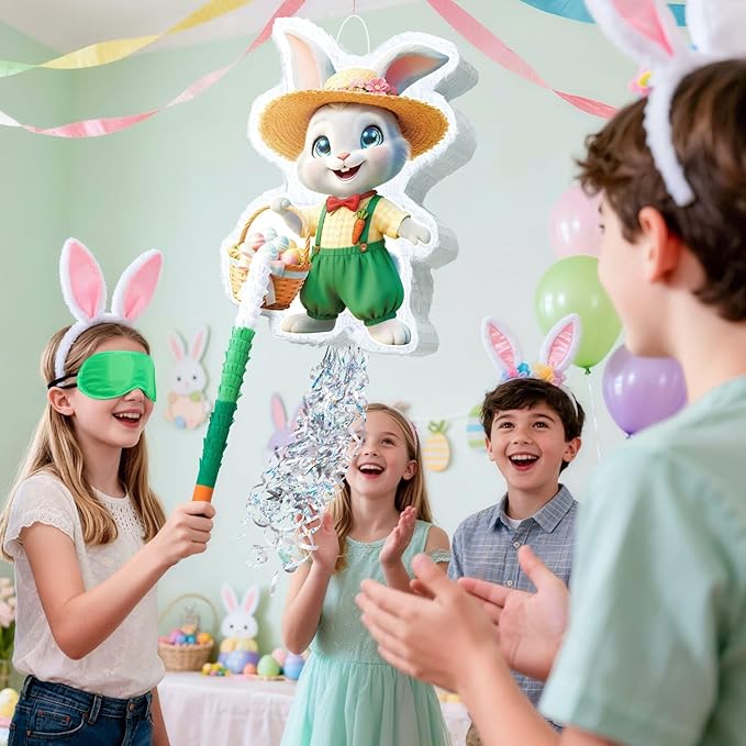 Easter Bunny Piñata Green Rabbit Piñata with Blindfold and Stick