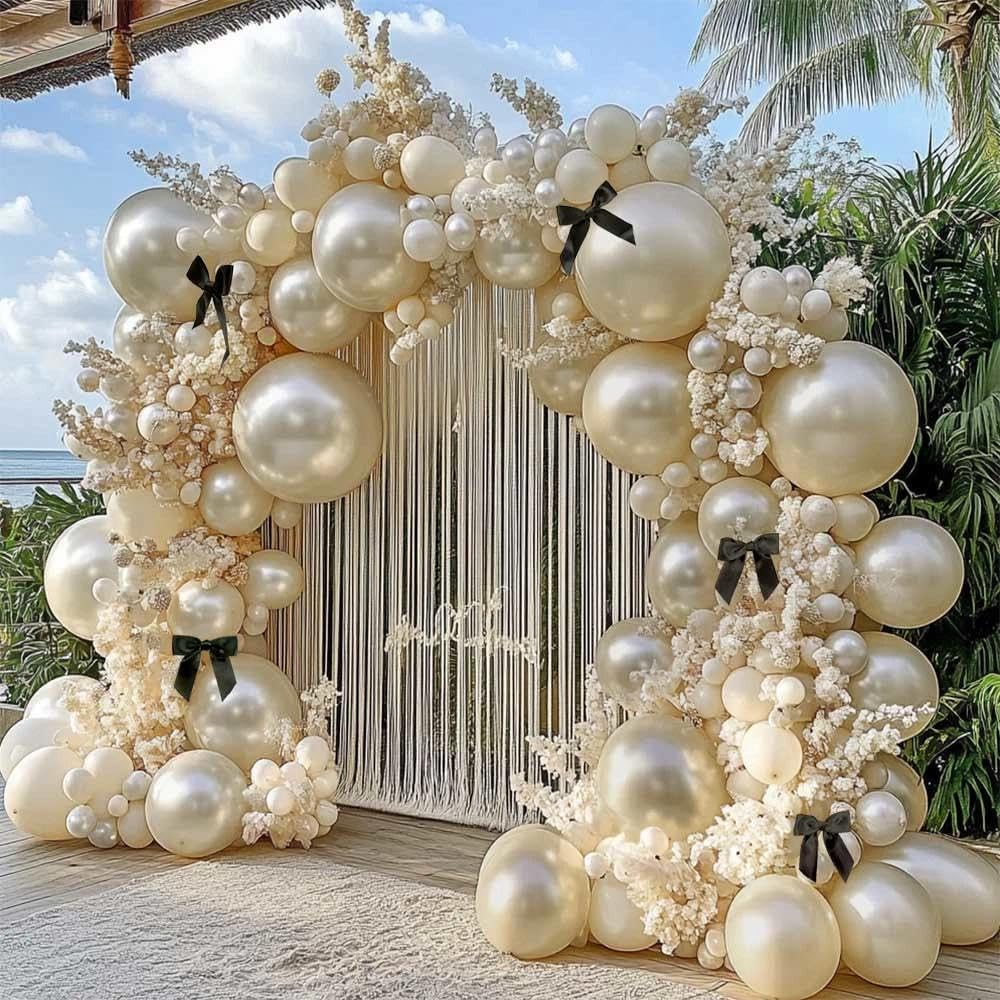 Pearl Sand White Balloon Arch Kit with Black Bow Double Stuffed Pearl