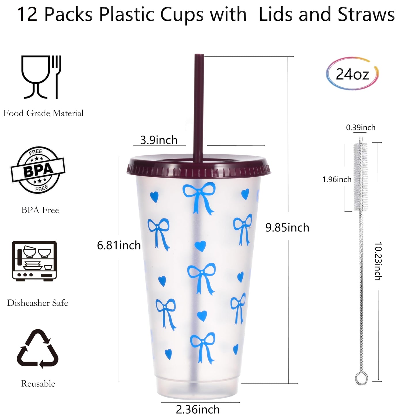 Alohastarttg 12 Pack Plastic Cups with lids and Straws Reusable 24 oz
