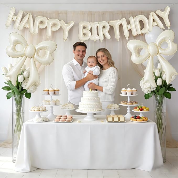 Cream Happy Birthday Balloons, 31”Huge Beige Bow Aluminum Foil