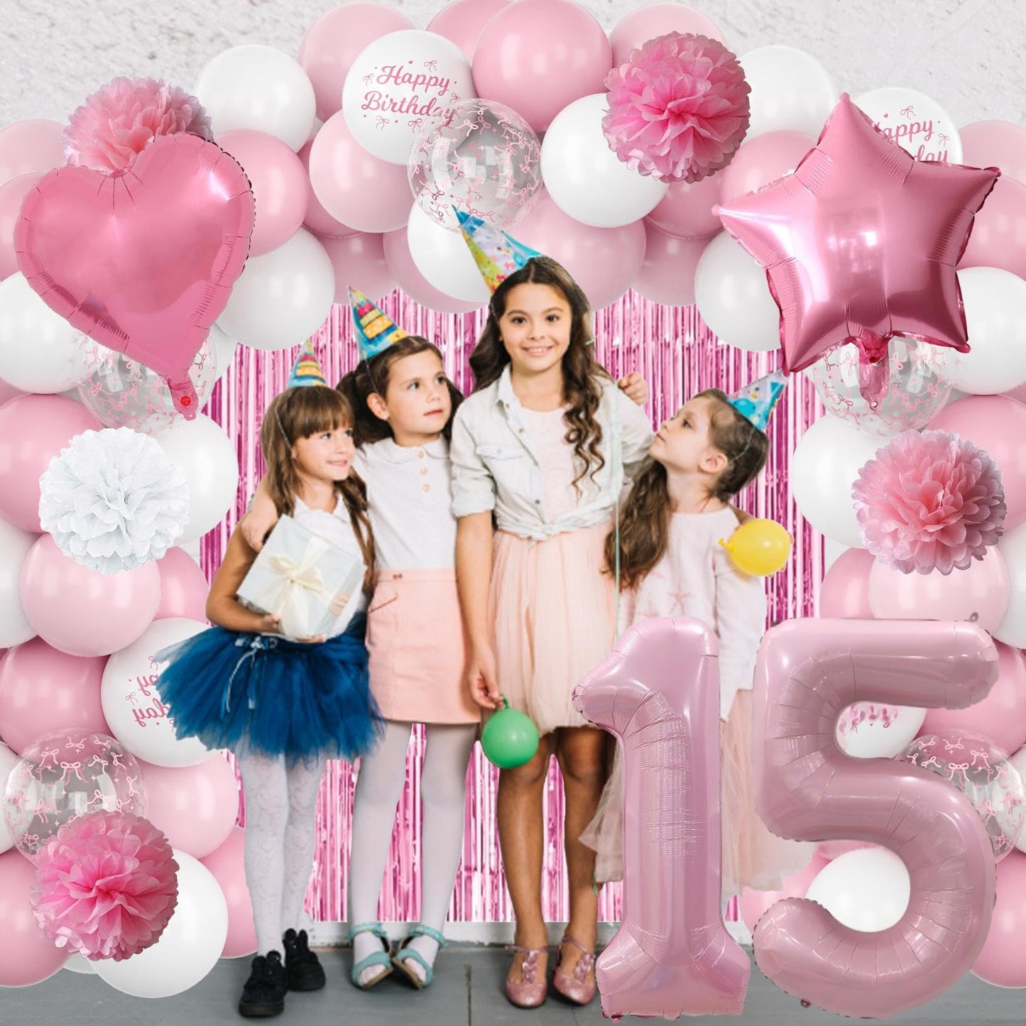 15th Birthday Decorations for Girls Pink Number 15 Balloon Bow
