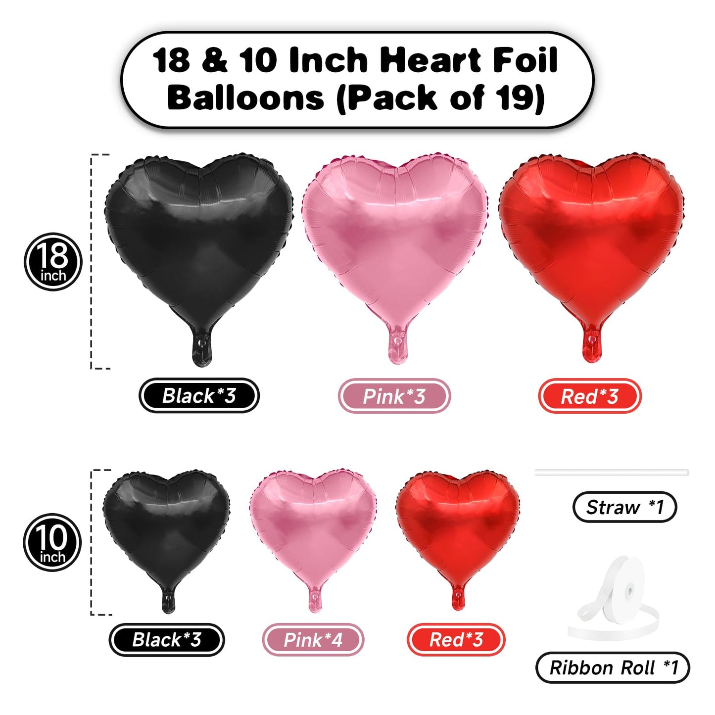 Black Pink Heart Balloons, 19PCS Light Pink and Red Black Heart Shape