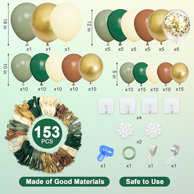 Amandir 153pcs Green Brown Balloon Garland Arch Kit, Different Sizes