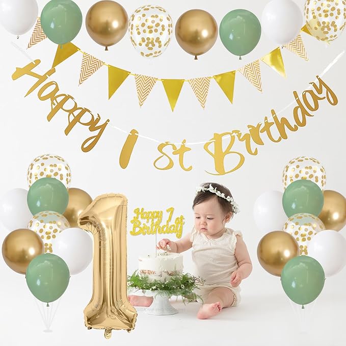 1st Birthday Decorations for Boys Girls Sage Green White Gold