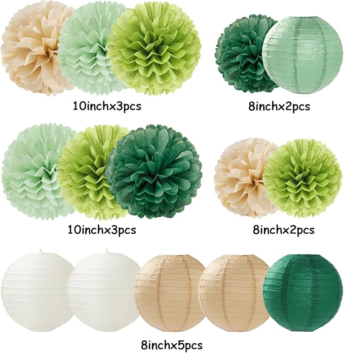 Sage Green Boho Party Decorations Paper Flowers Lanterns 15PCS
