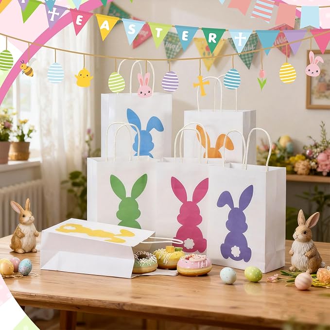 48 Pcs Easter Bunny Bags Bulk for Gifts Goodies with Handles Paper