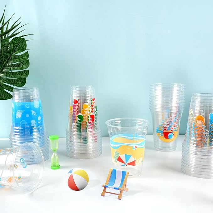 100Pcs Beach Pool Party Decoration Cups, 12 Oz Summer Disposable Cups