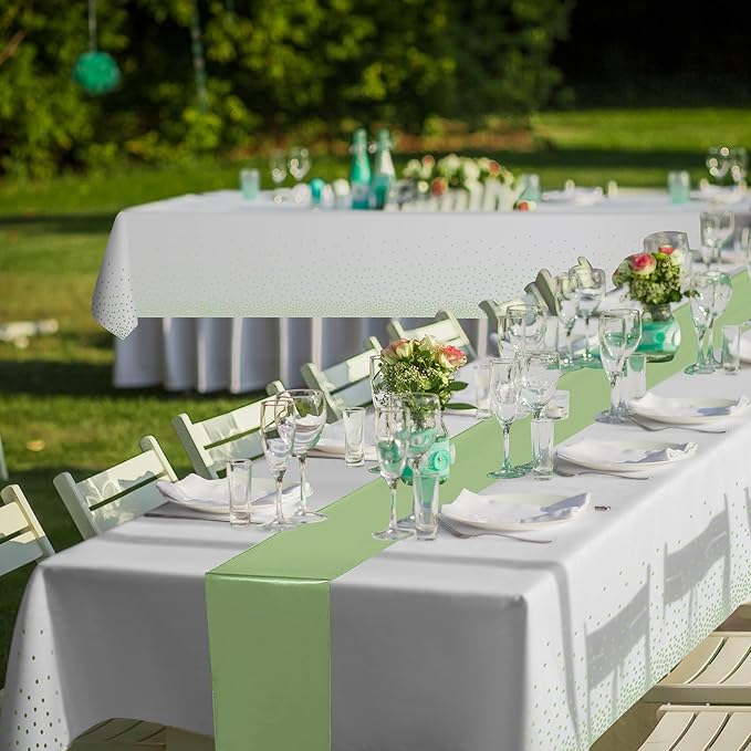 8Pack Plastic Tablecloths and Satin Table Runner Set Disposable White