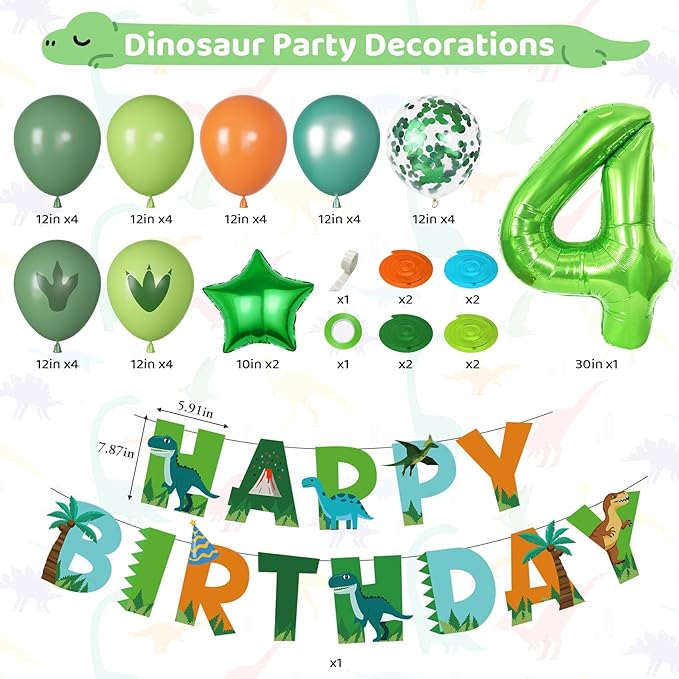 Dinosaur 4th Birthday Party Decorations for Boys Girls Foil Green