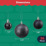 PREXTEX 36 Piece Christmas Ornaments Set - Black Shatterproof Balls