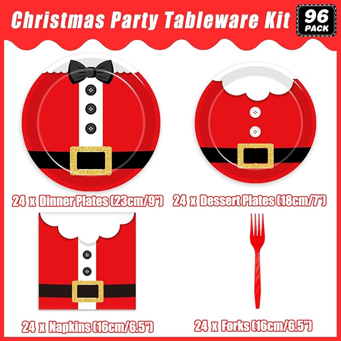 96 Pcs Santa Christmas Paper Plates Santa Claus Suit Disposable