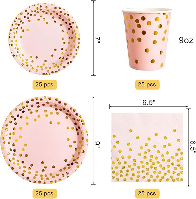 HOMIX Pink and Gold Party Supplies, Disposable 175Pcs Gold Dots on