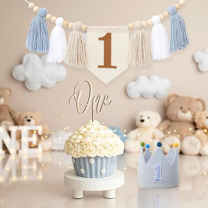 Baby First Birthday Party Decorations Blue High Chair Banner Crown