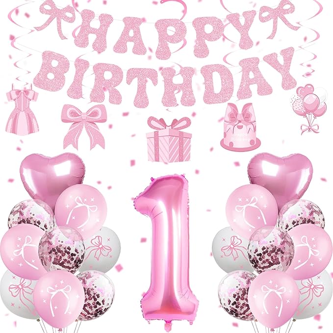 Pink Bow 1st Birthday Decorations Girl Kit Bow Coquette Party