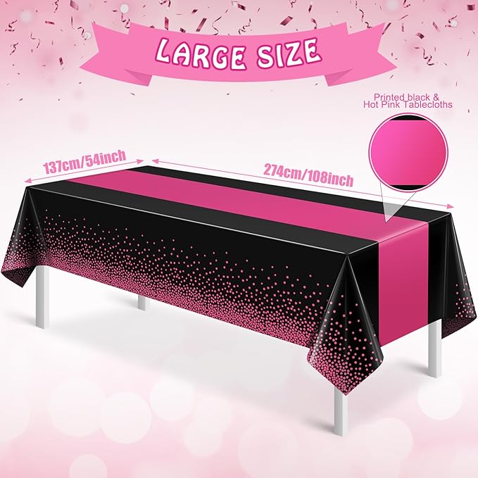 3Pcs Black Hot Pink Tablecloth Party Decorations,Plastic Black Table
