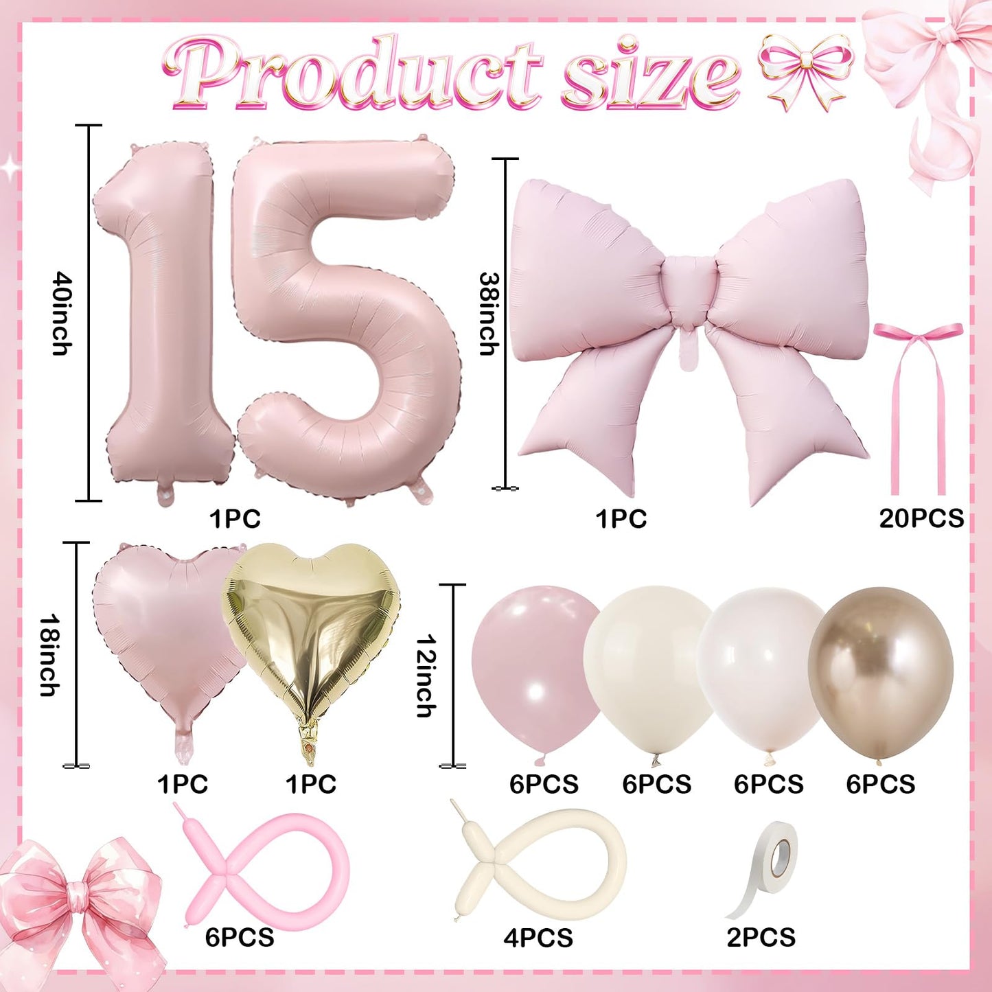 Pink Number 15 Balloon 40 Inch, Dusty Blush Pink Gold White Sand Latex