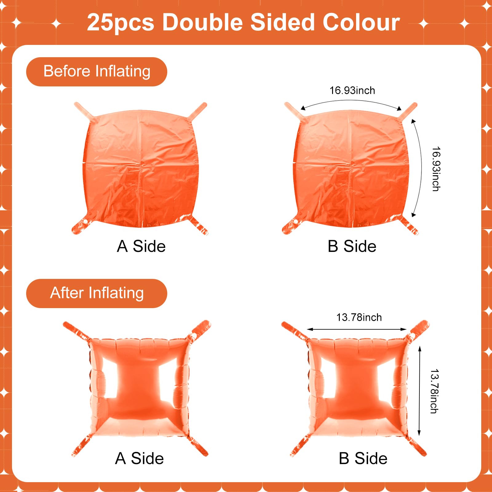 Orange Square Foil Balloons 25 Pcs Metallic Orange Balloons Wall