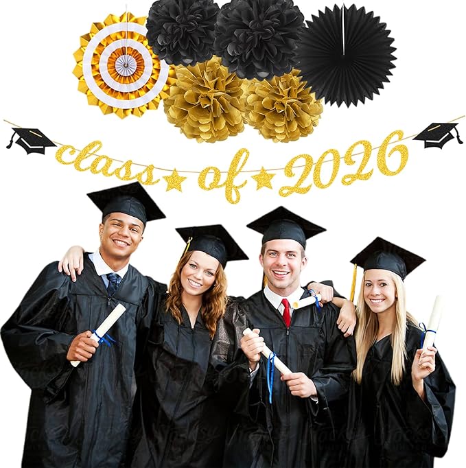 Black Gold Party-Decoration Graduation Banner - 14pcs Kits Cap