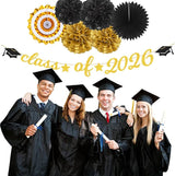 Black Gold Party-Decoration Graduation Banner - 14pcs Kits Cap