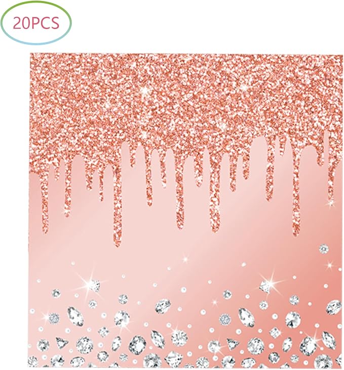 Pink Rose Gold Birthday Decorations Dessert Plates and Napkins for