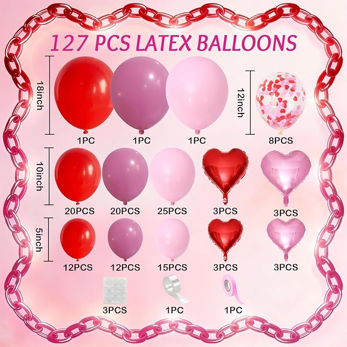 Valentine's Day Balloons Garland Arch Kit 127Pcs Pink Red Rose Red