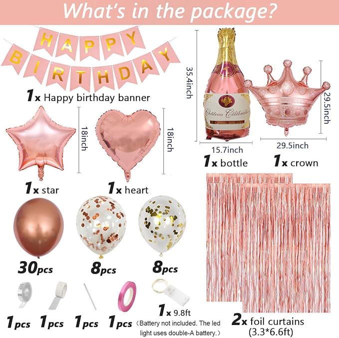 Rose Gold Birthday Decorations for Women, Happy Birthday Banner,
