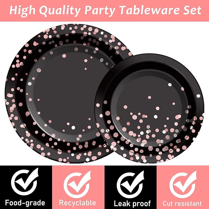 96PCS Black and Rose Gold Party Supplies Rose Gold Paper Plates