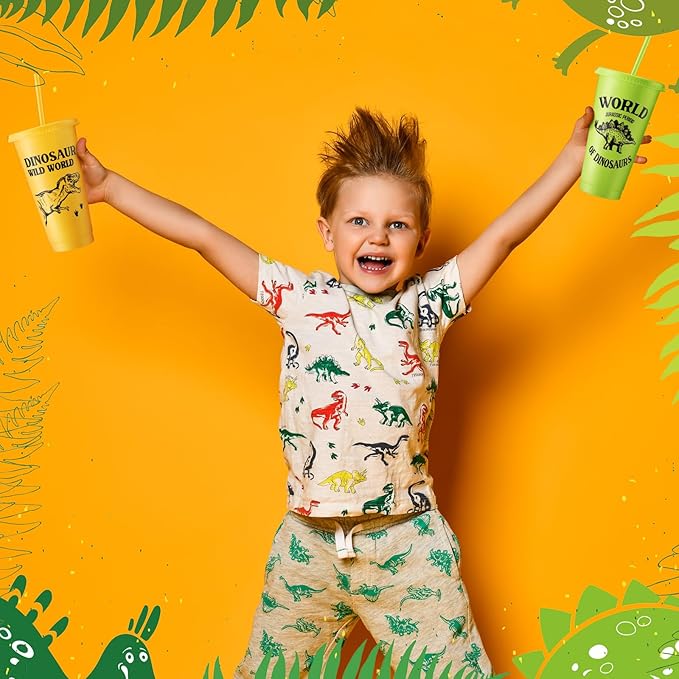 Mifoci 12 Pcs Dinosaur Party Favor 24 oz Plastic Cup with Lids and